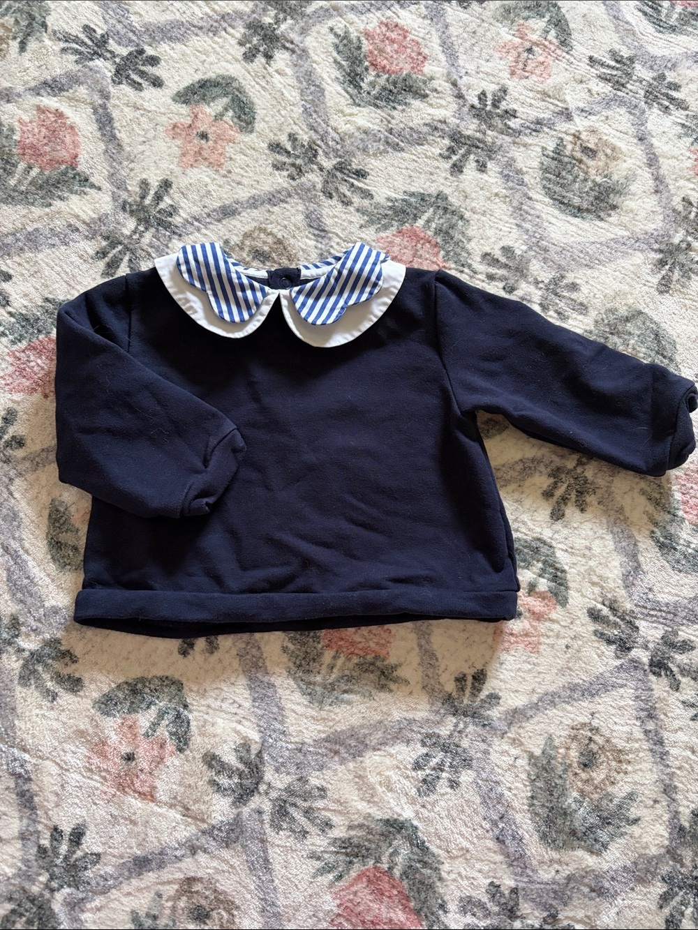 Navy Girls' Long-Sleeve Top with Striped Peter Pan Collar